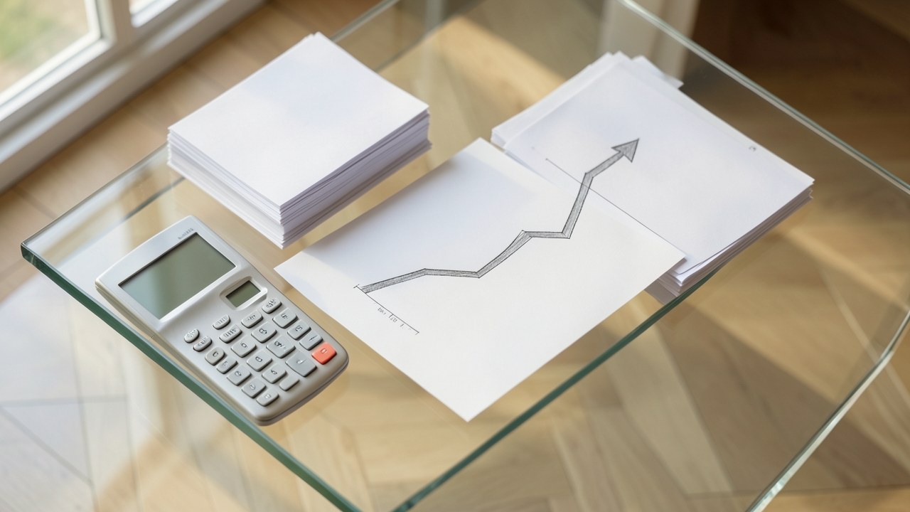 An upward trending line chart drawn on a clear glass board with a marker, alongside a calculator and financial documents.