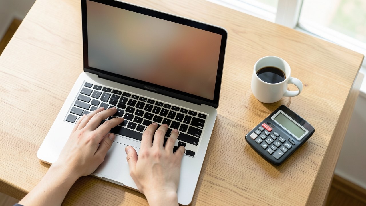 A person's hands typing on a laptop with a mortgage calculator and a cup of coffee nearby, implying payment calculation.