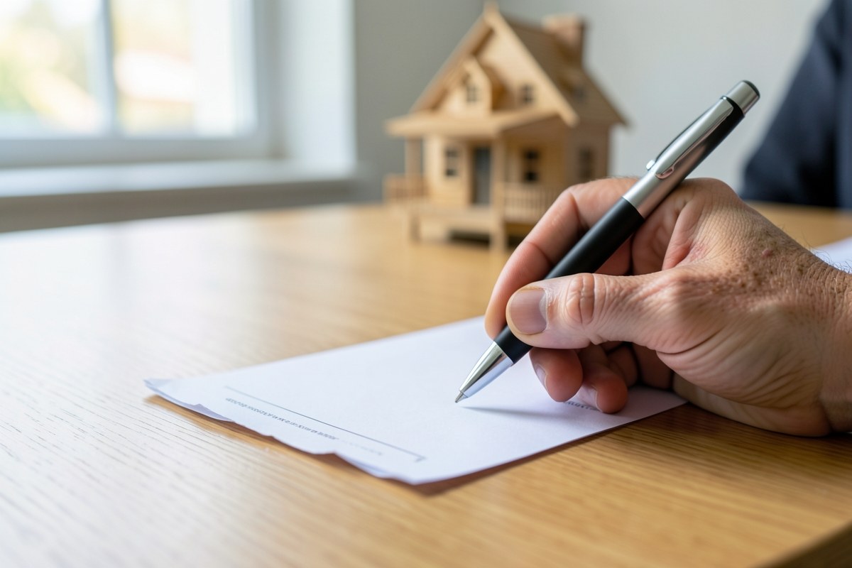 A person holding a pen and reviewing a financial document at a clean desk, with a house model in the background, signifying refinancing review.