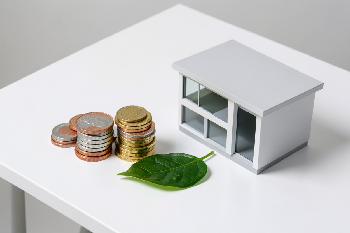A neatly arranged set of coins and a small house model on a table, representing the balance between budget and homeownership.