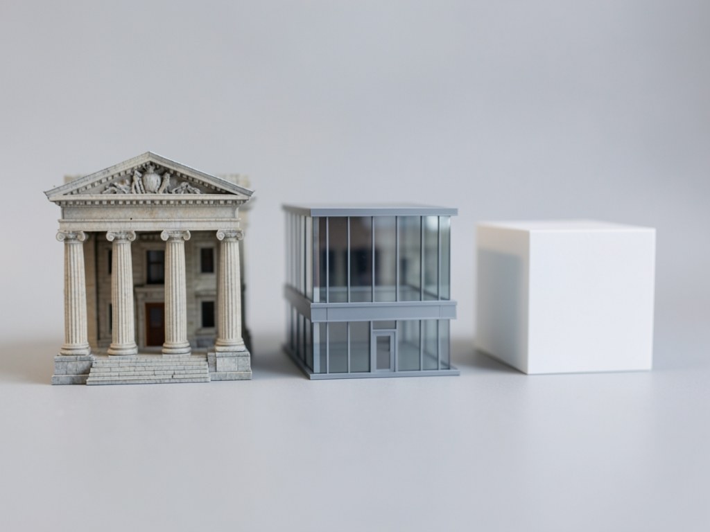 A row of three different miniature bank buildings, one traditional, one modern, and one online, hinting at choices of lenders.