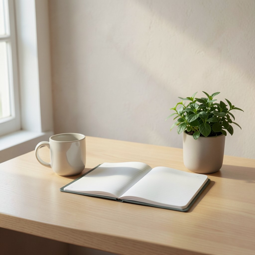A minimalist desk with a mug, a notebook, and a small plant, conveying a transparent and approachable work environment.