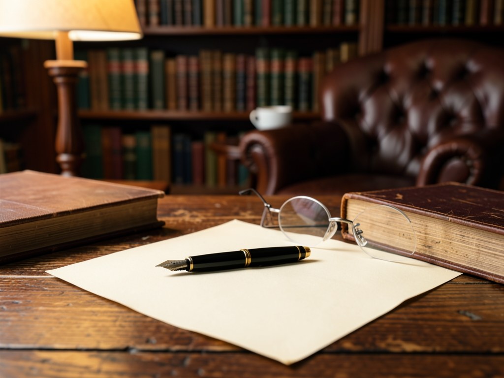 A fountain pen resting on a sheet of paper with a small pair of glasses, symbolizing editorial review.