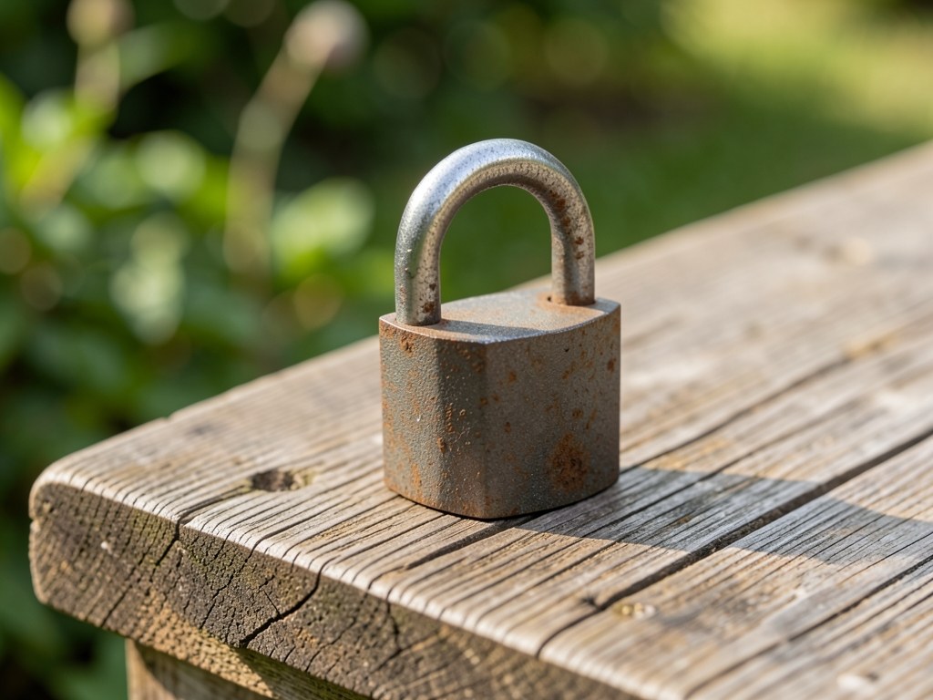 A small lock on a wooden surface, with a blurred nature background, representing privacy and security.