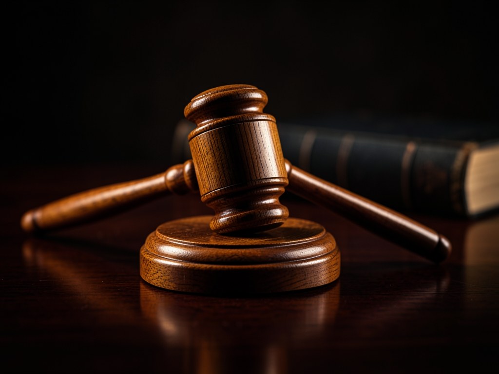 A gavel on a desk with a blurred legal book, representing terms and rules.