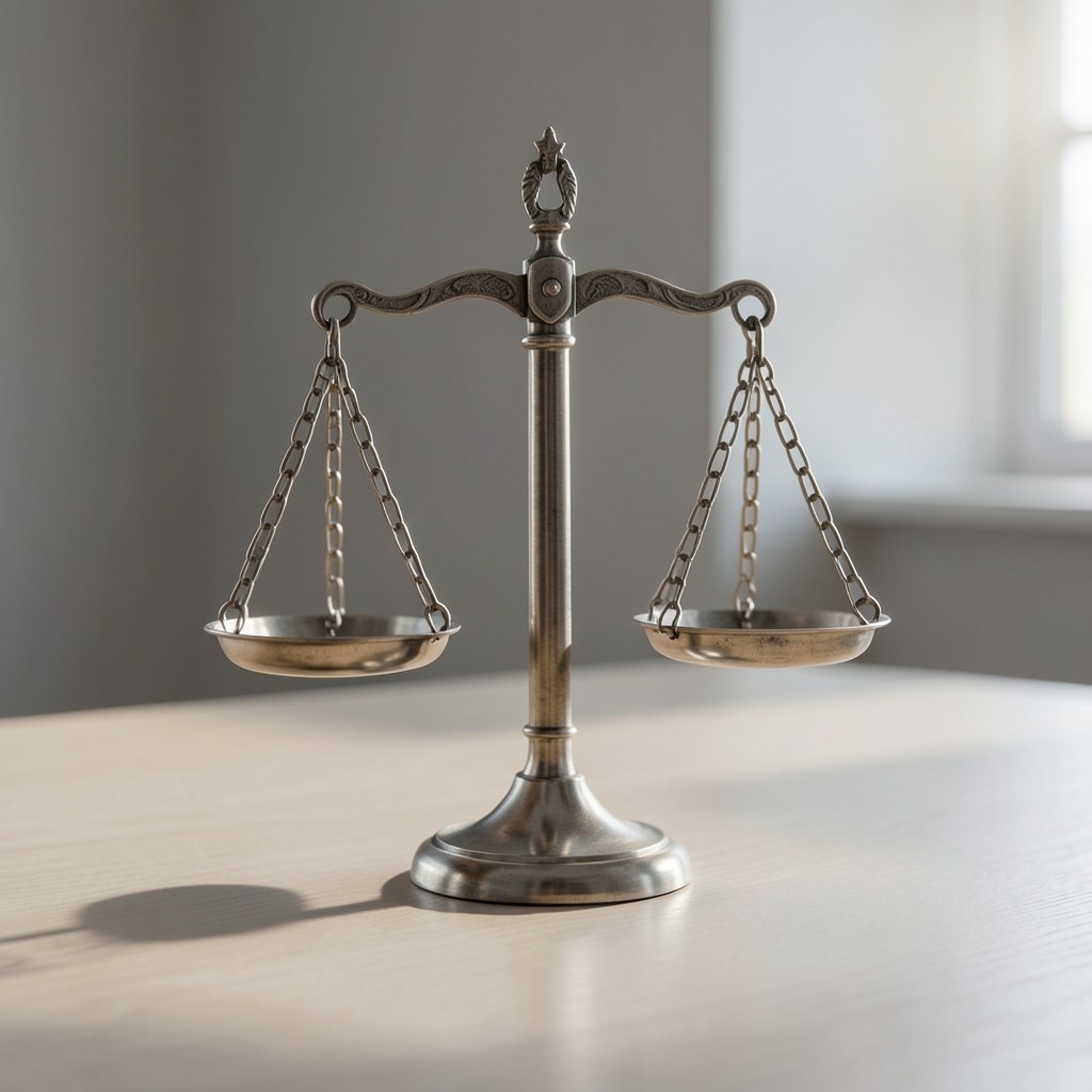 A balanced scale on a desk, representing fairness and liability.